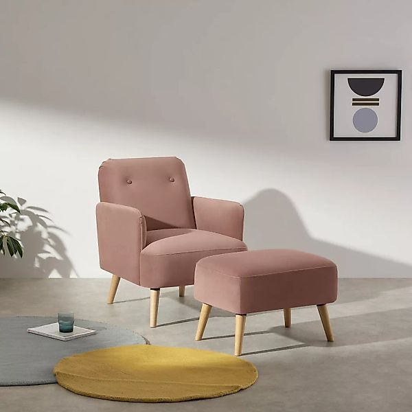 Elvi Sessel mit Hocker, Samt in Vintage-Rosa - MADE.com günstig online kaufen