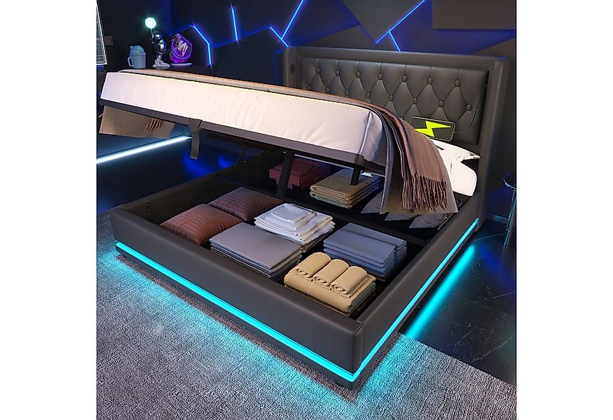Flieks Polsterbett, LED Hydraulisches Stauraumbett Doppelbett 140x200cm mit günstig online kaufen
