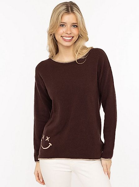 Zwillingsherz Rundhalspullover "Happy Face" Stickerei, aufgerollte kontrast günstig online kaufen