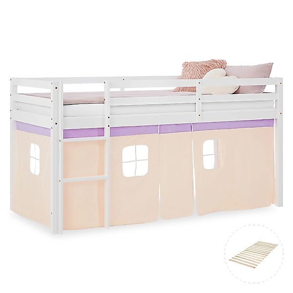 Homestyle4u Kinderbett Hochbett 90x200 mit Lattenrost Vorhang Lila Orange 2 günstig online kaufen