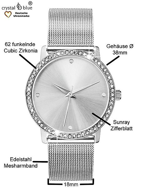 crystal blue Quarzuhr Damenuhr silber 62 Zirkonia Kristalle Mesharmband mit günstig online kaufen