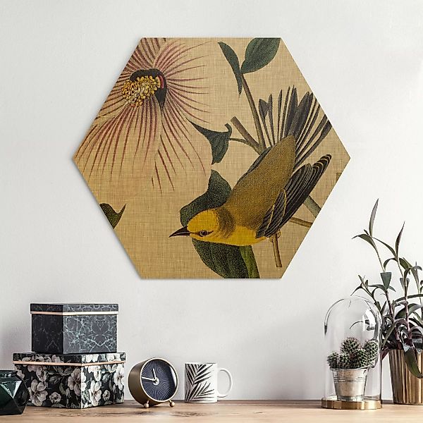 Hexagon-Alu-Dibond Bild Blumen Vogel auf Leinen Gelb I günstig online kaufen