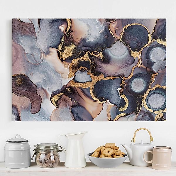 Leinwandbild Abstrakt - Querformat Marmor Aquarell mit Gold günstig online kaufen