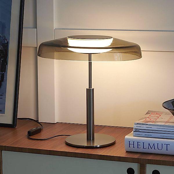 Oluce LED-Tischleuchte Dora, nickel/rauchgrau, Metall, PMMA günstig online kaufen