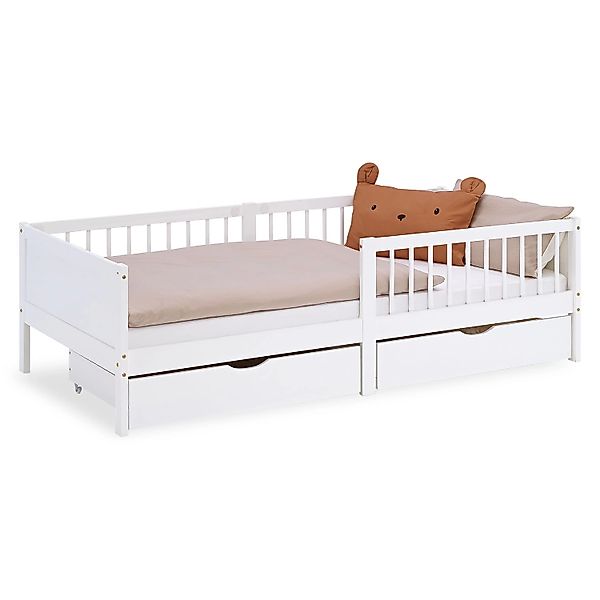Homestyle4u Kinderbett 90x200 Holzbett mit Rausfallschutz 2 Bettkästen Weiß günstig online kaufen