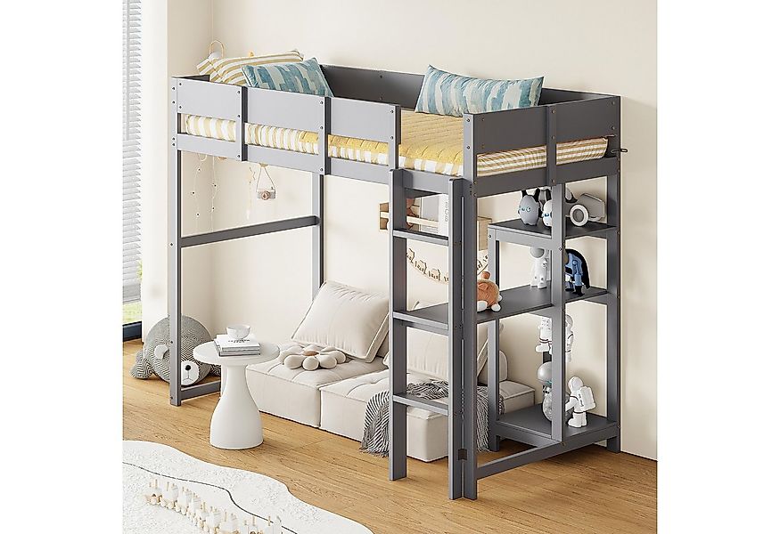 Flieks Hochbett Massivholz Kinderbett 90x200cm mit Tisch und Stauraumregale günstig online kaufen