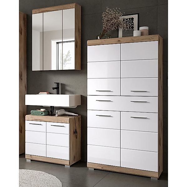 Inn.Furn Badmöbel Set in Weiß Hochglanz und Eiche 3-teilig 149 cm Willow günstig online kaufen