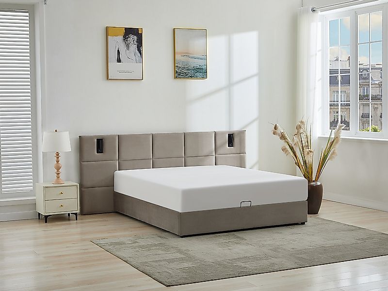 Bett mit Bettkasten mit Kopfteil & integrierter Lampe + Matratze - 180 x 20 günstig online kaufen