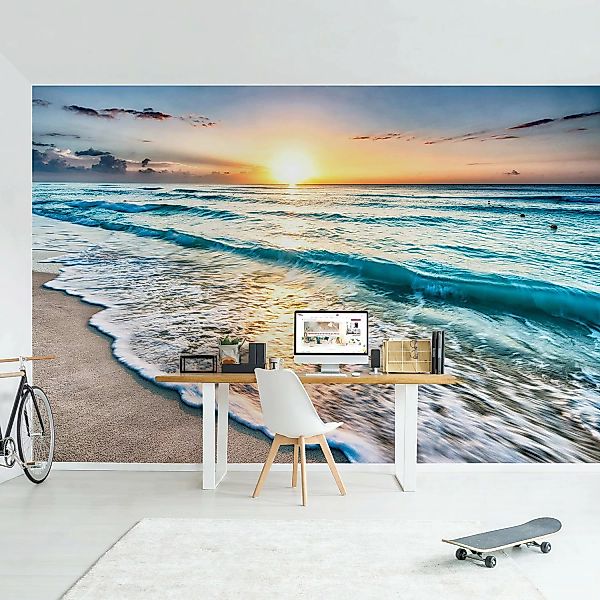 Bilderwelten Fototapete Strand Sonnenuntergang am Strand orange Gr. 432 x 2 günstig online kaufen