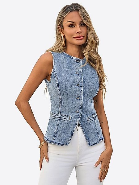 Imily Bela Jeansweste Damen Denim mit Rundhalsausschnitt und Knopfleiste Sl günstig online kaufen