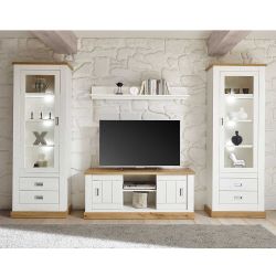 Wohnzimmer Anbauwand im Landhausstil Weiß und Wildeiche Optik (vierteilig) günstig online kaufen