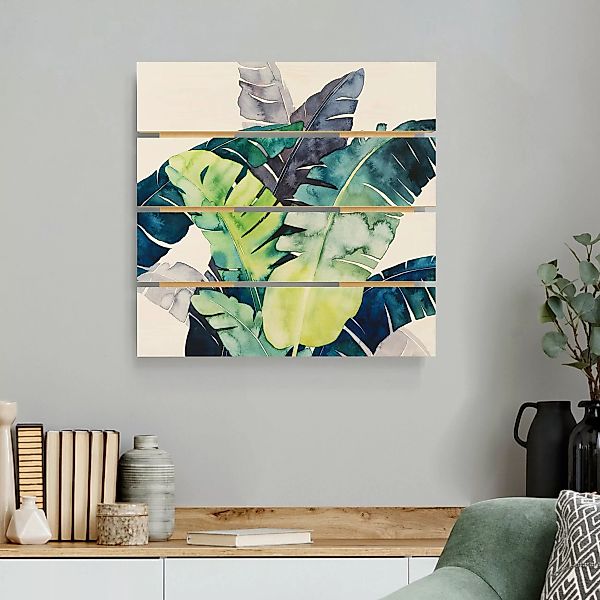 Holzbild Plankenoptik Blumen - Quadrat Exotisches Blattwerk - Banane günstig online kaufen