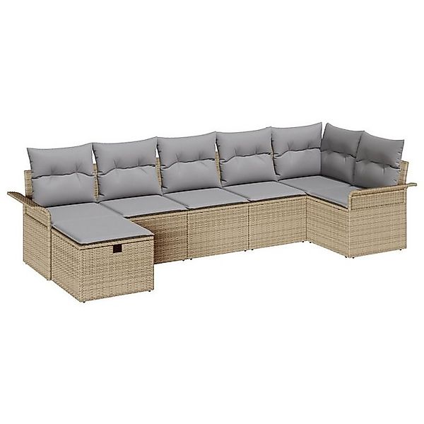 vidaXL Loungesofa 7-teiliges Garten Sofa Set mit Kissen Beige Poly Rattan, günstig online kaufen