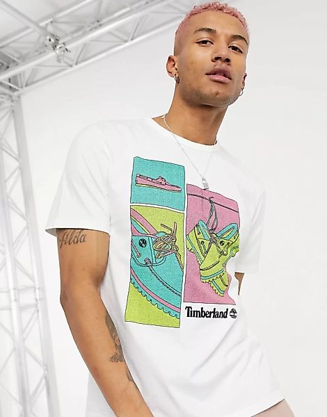 Timberland – T-Shirt mit Bootsschuh-Aufdruck-Weiß günstig online kaufen