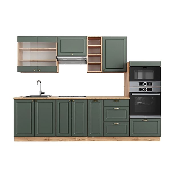 Vicco Fame-Line Küchenzeile Grün-Gold Landhaus/Goldkraft Eiche 280 cm ohne günstig online kaufen