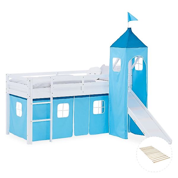 Homestyle4u Kinder Hochbett 90x200 Rutsche Lattenrost Vorhang Turm Blau 299 günstig online kaufen