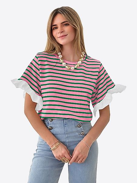 Imily Bela T-Shirt Damen Kurzarm Streifenmuster und Rüschenärmeln Casual Ba günstig online kaufen