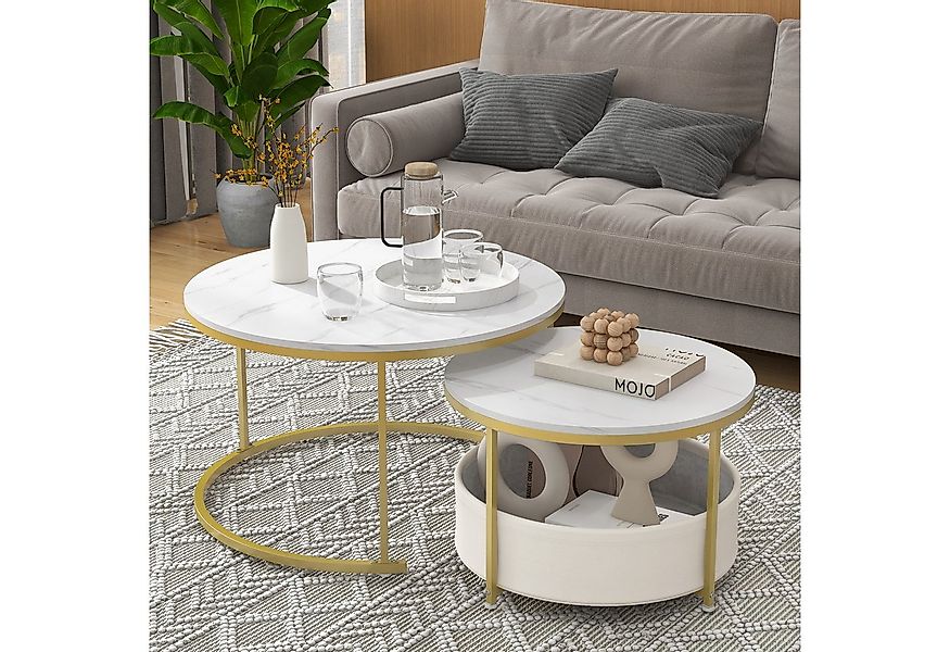 COSTWAY Couchtisch (2er Set), rund Satztisch Marmor mit Korb gold günstig online kaufen