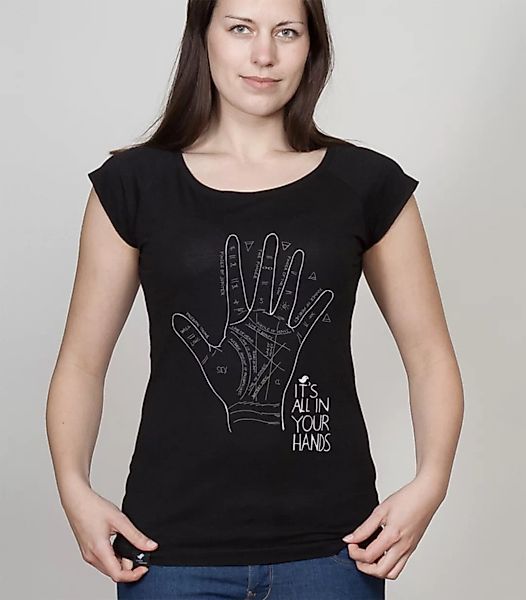 Bamboo Raglan Shirt Women Black "Hands" günstig online kaufen