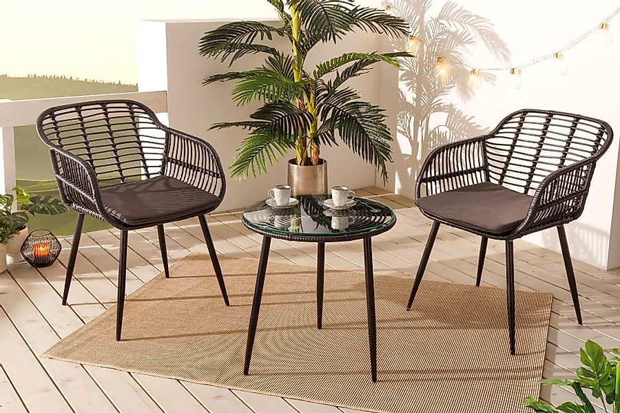 riess-ambiente Balkonset PARIS schwarz - Polyrattan, Glas, Bistro, wetterfe günstig online kaufen