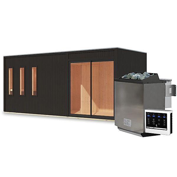 Karibu Saunahaus Huelva mit Ofen 9 kW Bio Extern Schwarz günstig online kaufen