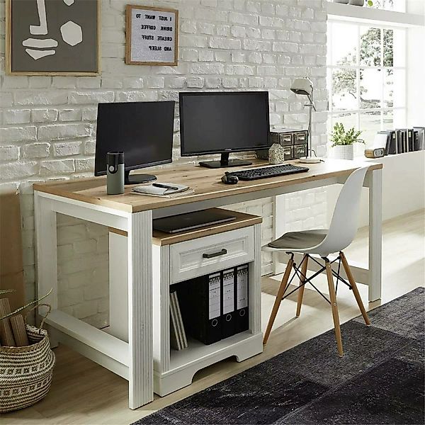 Lomadox Landhaus Büromöbel Schreibtisch mit Rollcontainer JÜLICH-36 in Pini günstig online kaufen