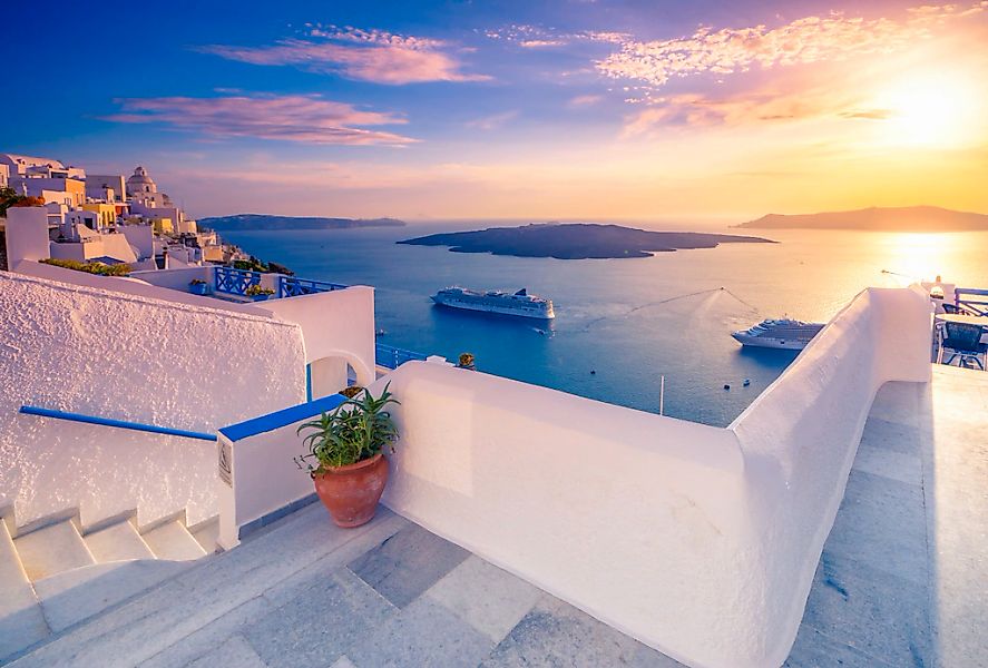 Papermoon Fototapete "TERRASSE-SANTORINI SEE MEER STRAND PALMEN DÜNEN SCHIF günstig online kaufen