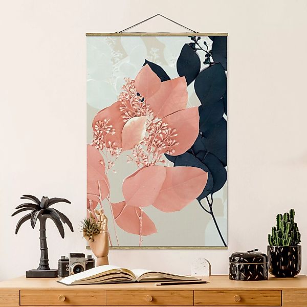 Stoffbild Blumen mit Posterleisten - Hochformat Blätter Indigo & Rouge III günstig online kaufen