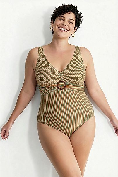 Ulla Popken Badeanzug Badeanzug Streifenstruktur Softcups Zierring günstig online kaufen