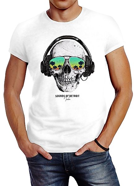 Neverless Print-Shirt Herren T-Shirt Totenkopf Kopfhörer günstig online kaufen