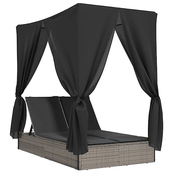 vidaXL Doppel-Sonnenliege mit Dach und Vorhängen Grau Poly Rattan 368074 günstig online kaufen