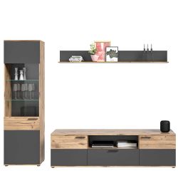 Wohnzimmer Anbauwand in Wildeichefarben und Grau 200 cm hoch (dreiteilig) günstig online kaufen