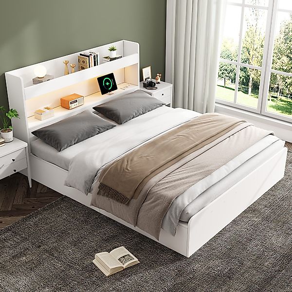 Flieks Holzbett, LED Doppelbett Stauraumbett 140x200cm günstig online kaufen