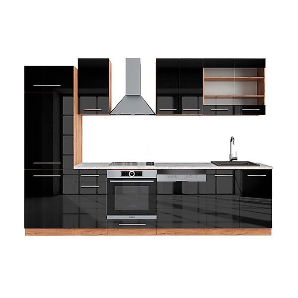 Vicco Fame-Line Küchenzeile Anthrazit Hochglanz/Goldkraft Eiche 300 cm AP M günstig online kaufen