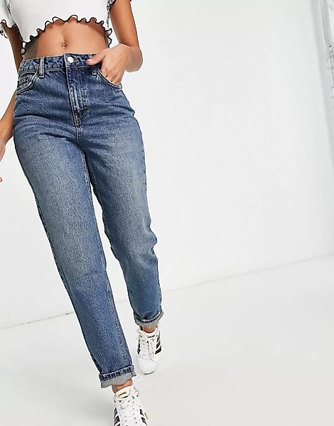 Topshop – Mom-Jeans aus einem recyceltem Baumwollmix in Mittelblau günstig online kaufen