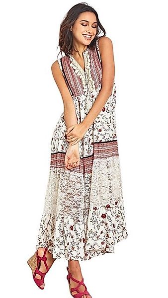 Charis Moda Sommerkleid Langes Kleid im Bohème-Print mit Pompons und Spitze günstig online kaufen