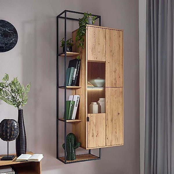 Wohnzimmer Hängeschrank aus Wildeiche Massivholz Metall günstig online kaufen
