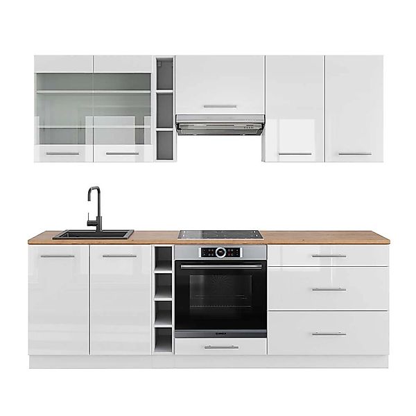 Vicco Fame-Line Küchenzeile Weiß Hochglanz/Weiß 235 cm AP Eiche ohne E-Gerä günstig online kaufen