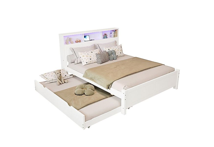 OKWISH Holzbett Doppelbett Kinderbett (Familienbett mit Ausziehbett, LED-Um günstig online kaufen