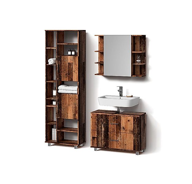Livinity® Badmöbel-Set Eisak, Eiche rustikal, 3 Teile, mit Hochschrank günstig online kaufen