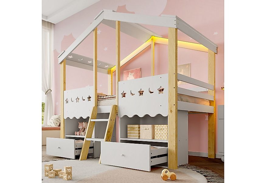 Merax Hochbett Halbhohes Jugendbett in Hausform mit LED-Lichtleiste (1-St) günstig online kaufen