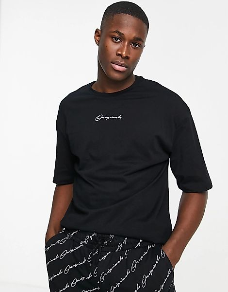 Jack & Jones – Oversize-Lounge-Set aus T-Shirt und Shorts in Schwarz mit Sc günstig online kaufen