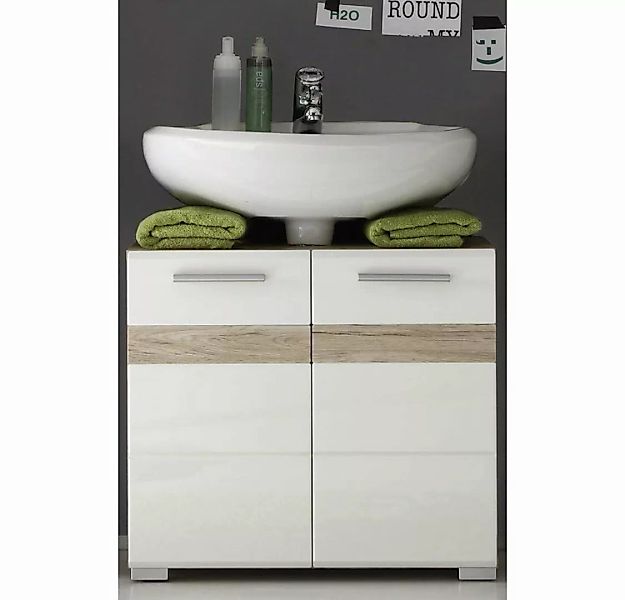 Lomadox Waschbeckenschrank ODRA-19 in Weiß Hochglanz mit Eiche San Remo hel günstig online kaufen