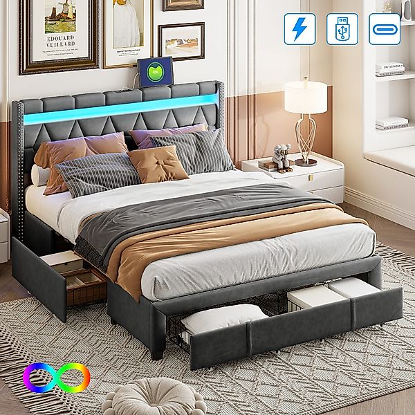 Gdood Polsterbett Stauraumbett Doppelbett, LED (Multifunktionsbett), günstig online kaufen