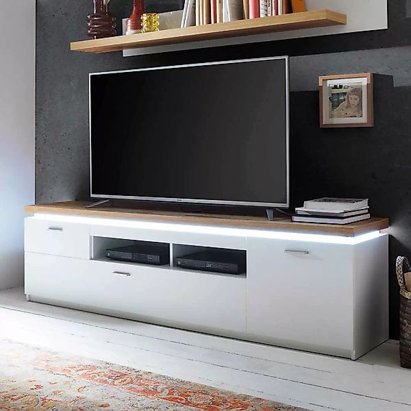 TV Lowboard in Weiß und Wildeiche Optik LED Beleuchtung günstig online kaufen