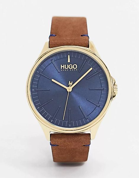 HUGO – Uhr mit Lederarmband in Braun günstig online kaufen