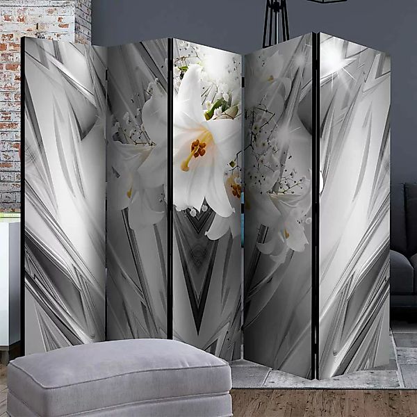 Paravent floral mit Lilien Motiv Weiß und Grautönen günstig online kaufen