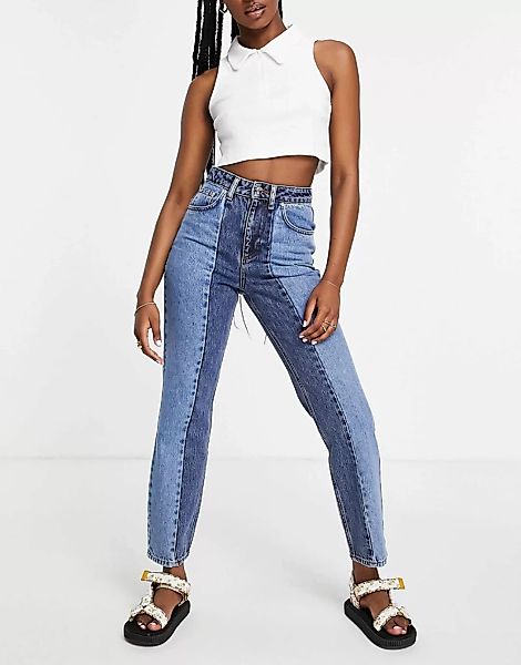 Miss Selfridge – Mom-Jeans in verschiedenen Blautönen mit Patches und hohem günstig online kaufen
