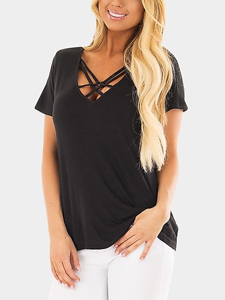 Schwarze Schnür-T-Shirts mit V-Ausschnitt und V-Ausschnitt günstig online kaufen