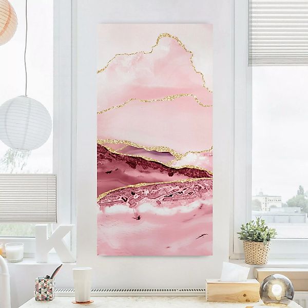 Leinwandbild Abstrakte Berge Rosa mit Goldenen Linien günstig online kaufen